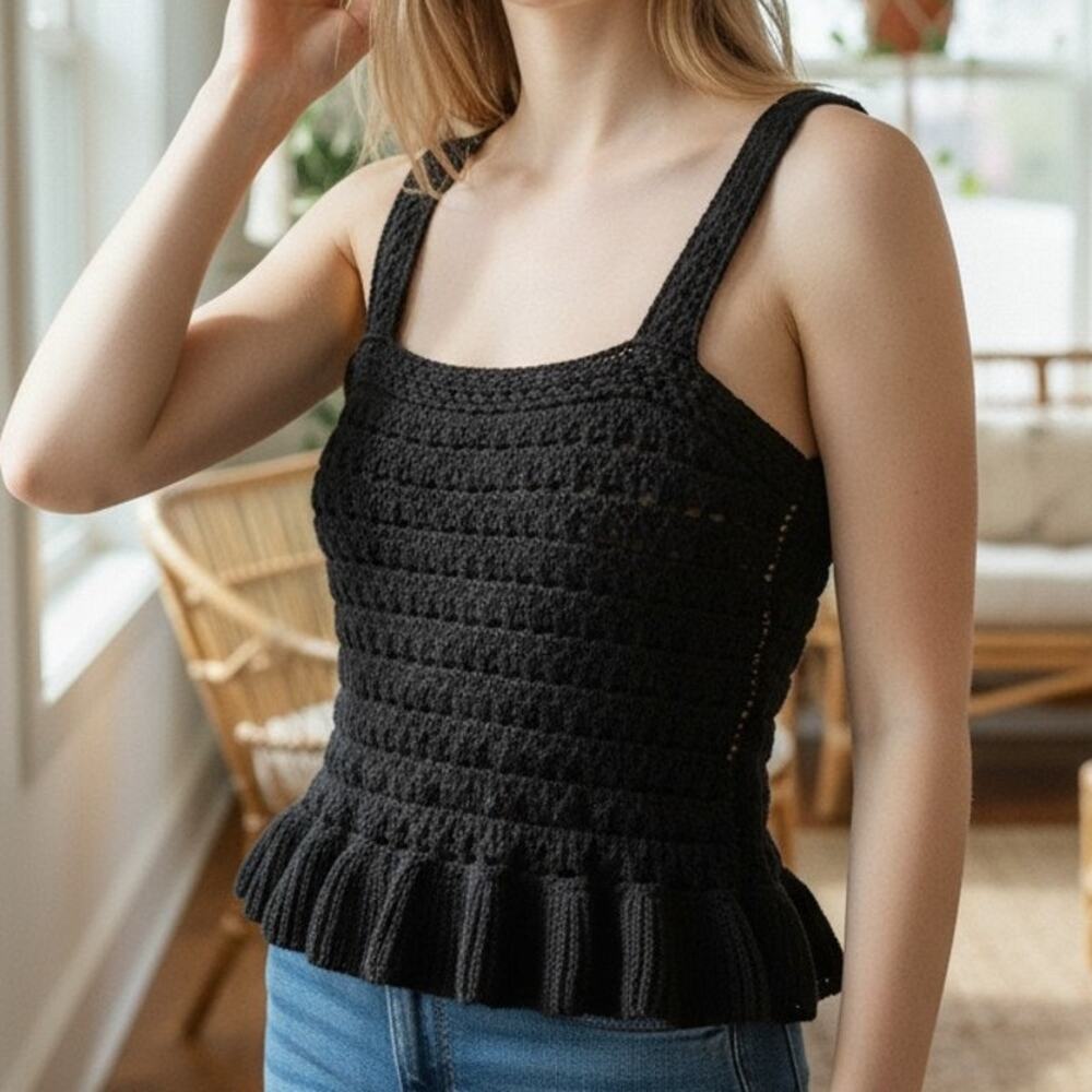 J. Crew Black Crochet Ruffle Sweater Tank Top Small Neutral Minimalist Preppy